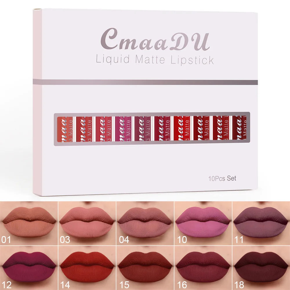 CmaaDu 10pcs/set  velvet matte durable waterproof easy color non-stick cup texture silky saturation high lip gloss