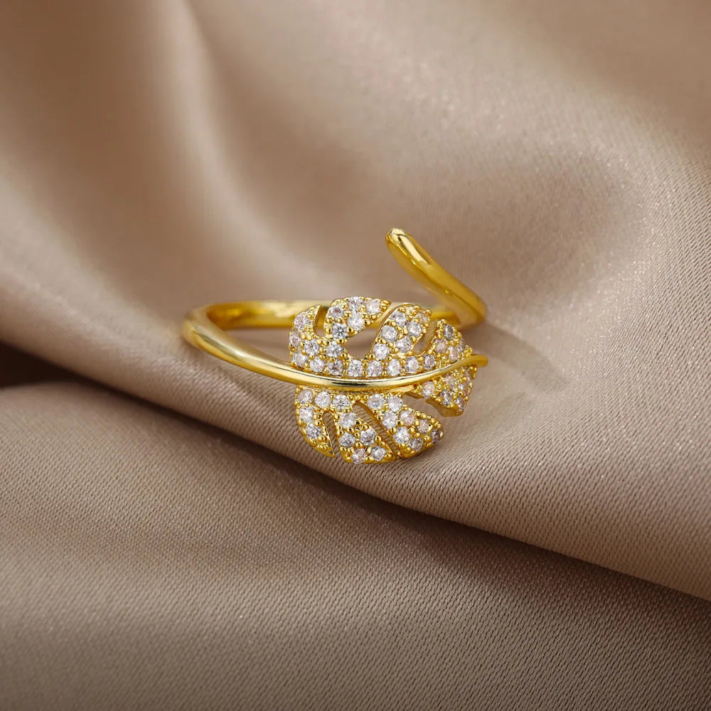 Fashion Palm Leaf Shape Rings For Women Stainless Steel Color Zircon Adjustable Finger Ring Party Jewelry Gift Bijoux Femme
