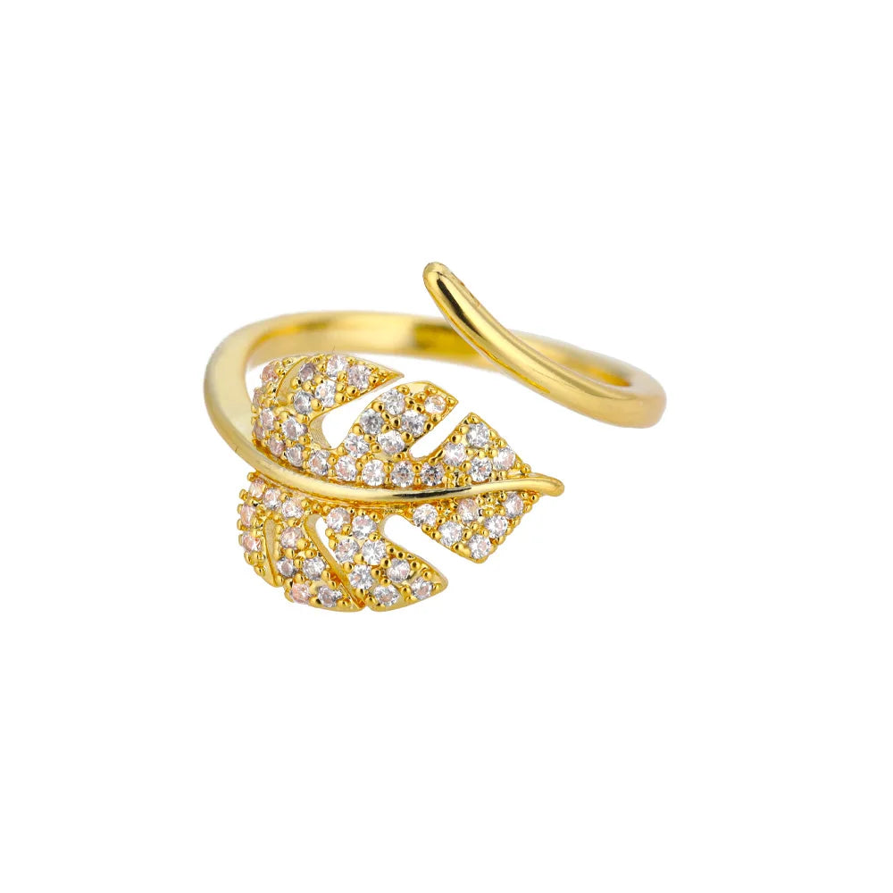 Fashion Palm Leaf Shape Rings For Women Stainless Steel Color Zircon Adjustable Finger Ring Party Jewelry Gift Bijoux Femme