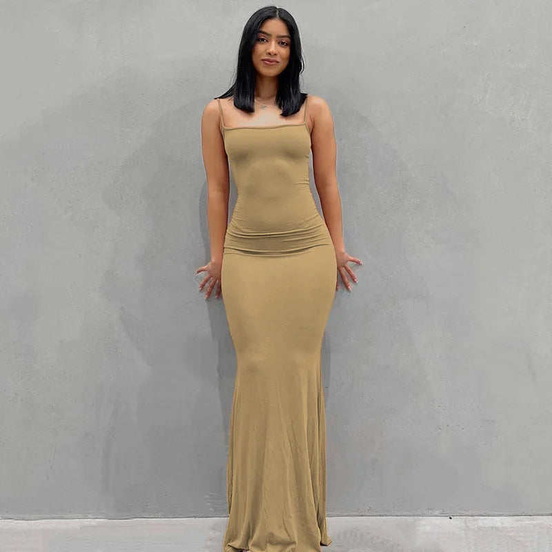 2025 Summer Dresses For Women Sexy Spaghetti Strap Black Long Dress Y2k Sleeveless Solid Skinny Bodycon Trumpet Maxi Vestidos