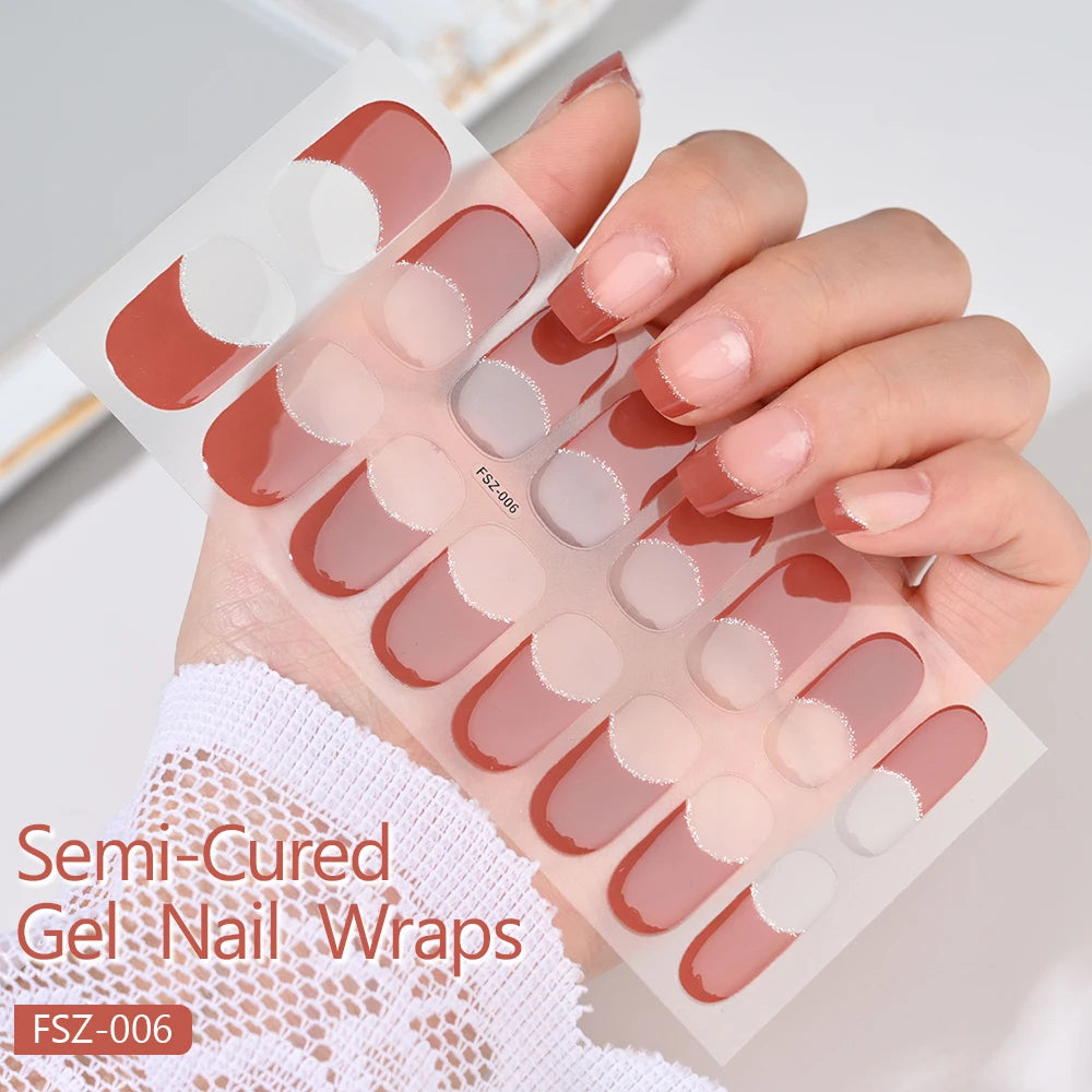UV Semi-Cured Gel Nail Wraps Stickers Strips French Long Lasting Full Cover LED Gel Semi Cured Nail Sliders For Nail Extension &