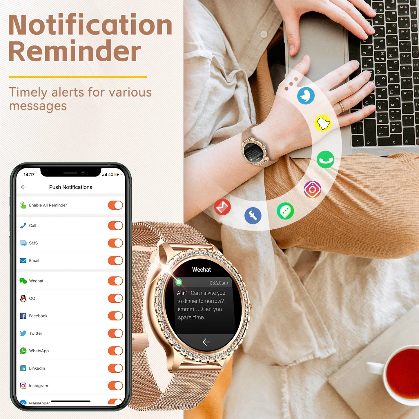 EIGIIS New Smart Watch Women I58 1.32-inch HD Screen Fashion Sports Watches Bluetooth Call Health Monitor IP67 Life Waterproof