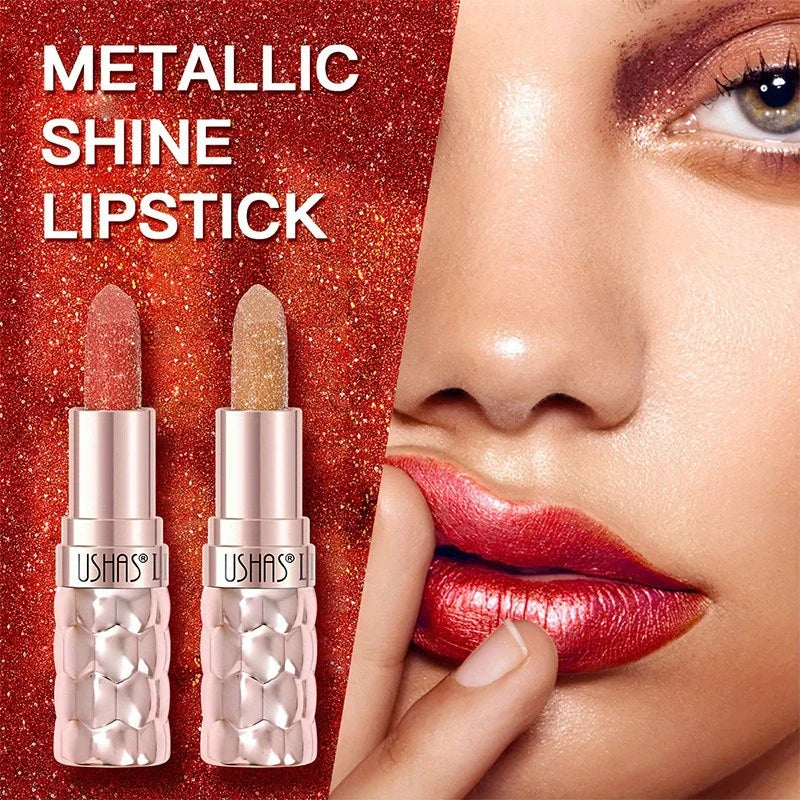 12 Colors Diamond Pearlescent Lipstick Glitter Shiny Metallic Lipstick Long Lasting Lip Tint Non-stick Cup Red Sexy Lips Makeup