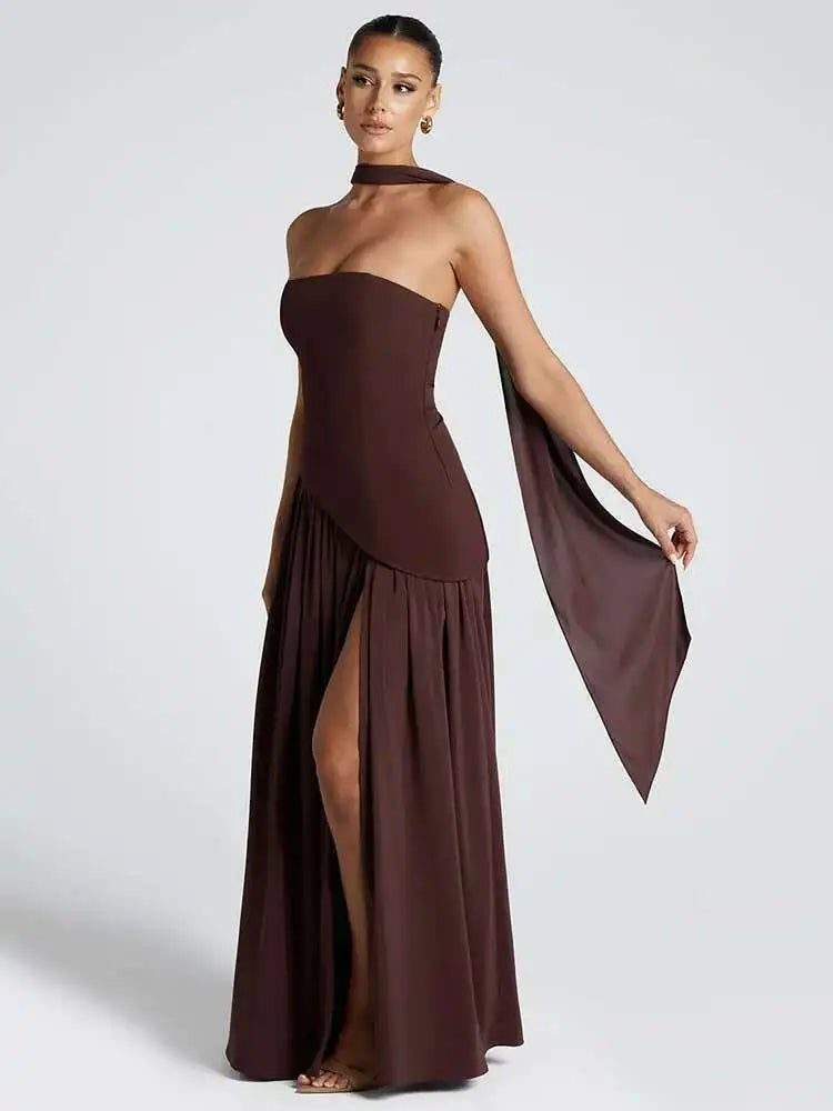 Mozision Strapless Off-shoulder Sexy Maxi Dress For Women Gown Patchwork Scarf Collar Thigh High Split Club Party Long Dress