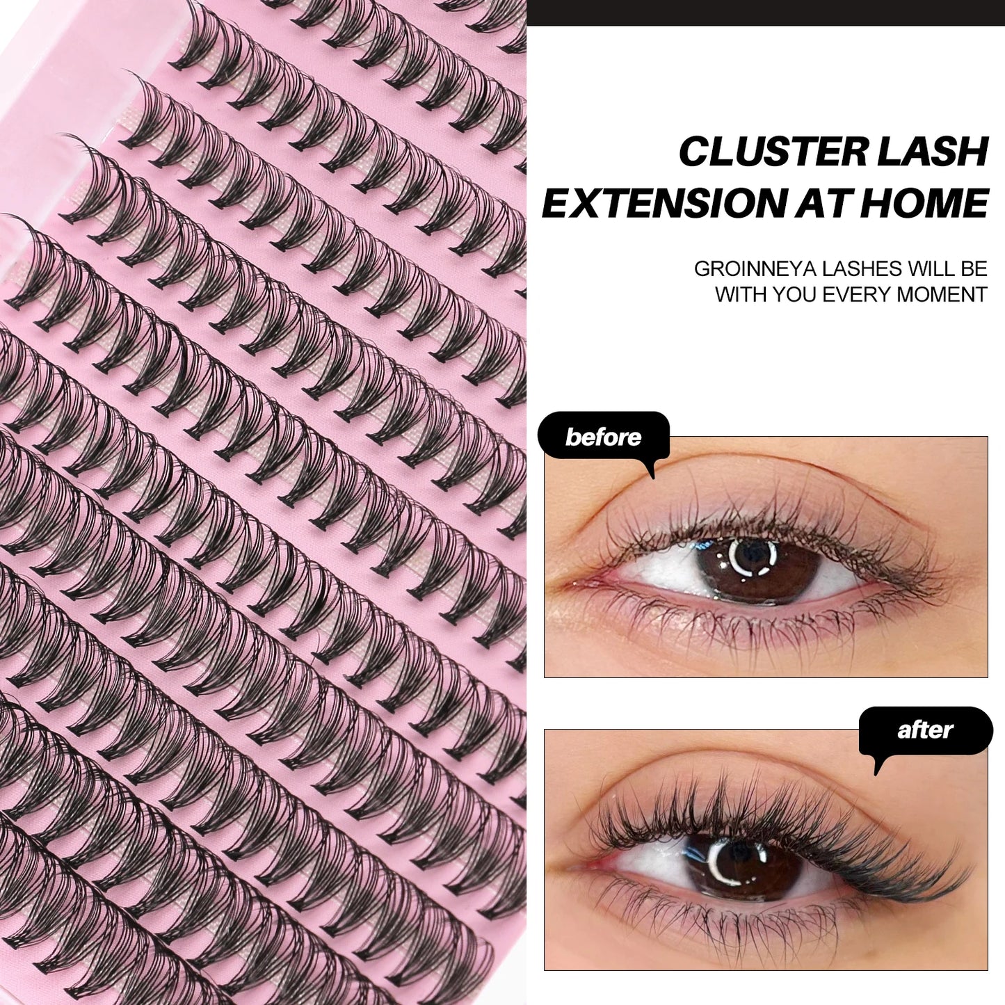 GROINNEYA DIY Lash Extension Kit Volume Lash Clusters Mix Curl Individual Lashes Kit with Lash Bond and Seal Lash Tweezers