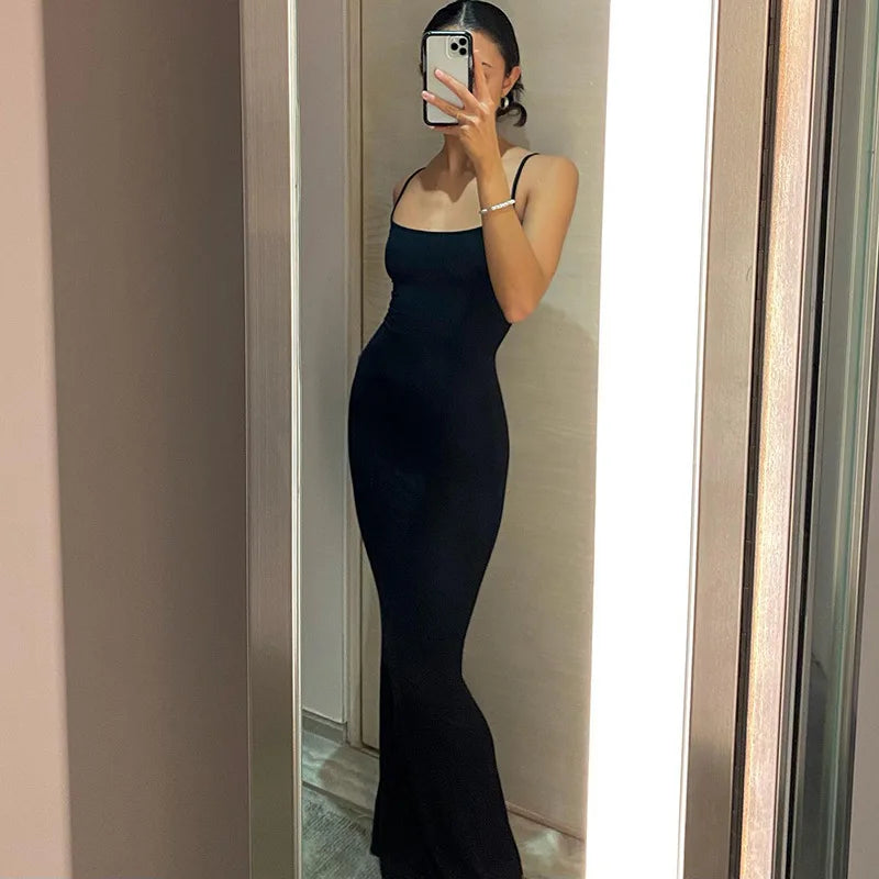 2025 Summer Dresses For Women Sexy Spaghetti Strap Black Long Dress Y2k Sleeveless Solid Skinny Bodycon Trumpet Maxi Vestidos