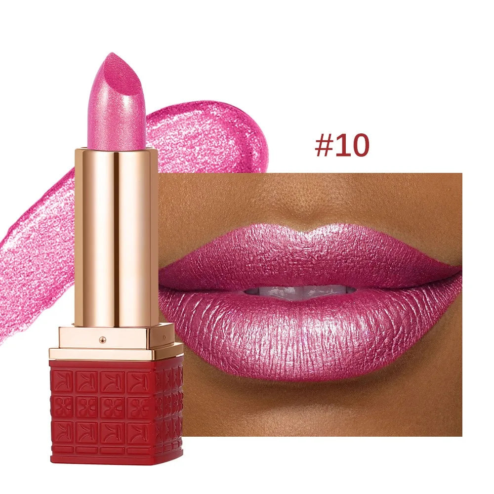 Rose Metallic Lipstick Glitter Lip Glaze Waterproof Long Lasting Moisturize Bright Red Pearlescent Shiny Lipgloss Makeup 12color