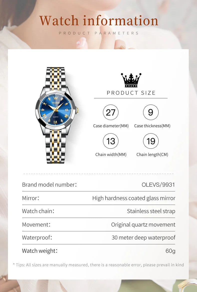 OLEVS Top Brand Women's Watches Elegant Rhombus Mirror Original Quartz Ladies Wristwatch Stainless Waterproof Diamond Wristwatch
