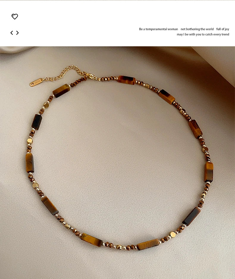 Retro Temperament Layered Tiger Eye Stone Pendant Necklace For Women Stainless steel Double-Layer Collarbone Chain Sets Jewelry