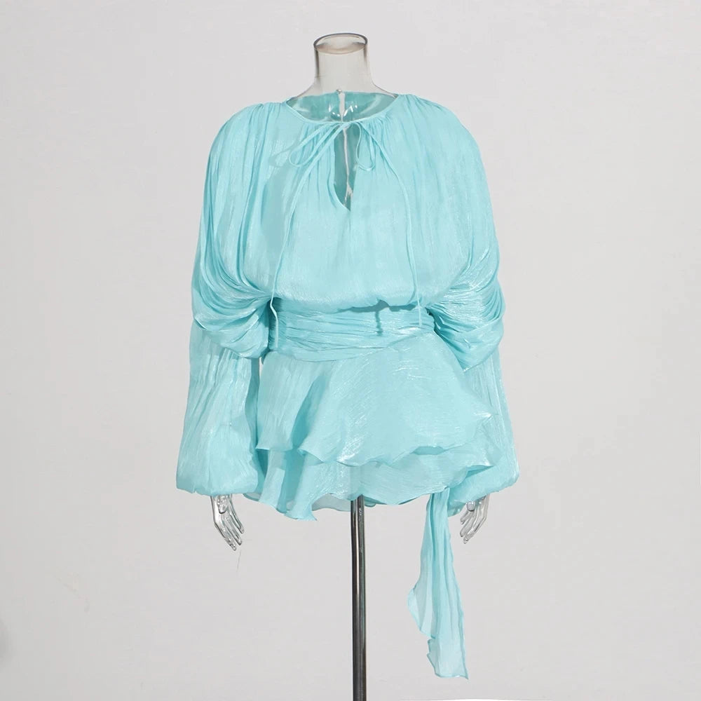 TWOTWINSTYLE Solid Spliced Lace Up Loose Dresses For Women O Neck Long Sleeve High Waist Temperament Dress Female Fashion New