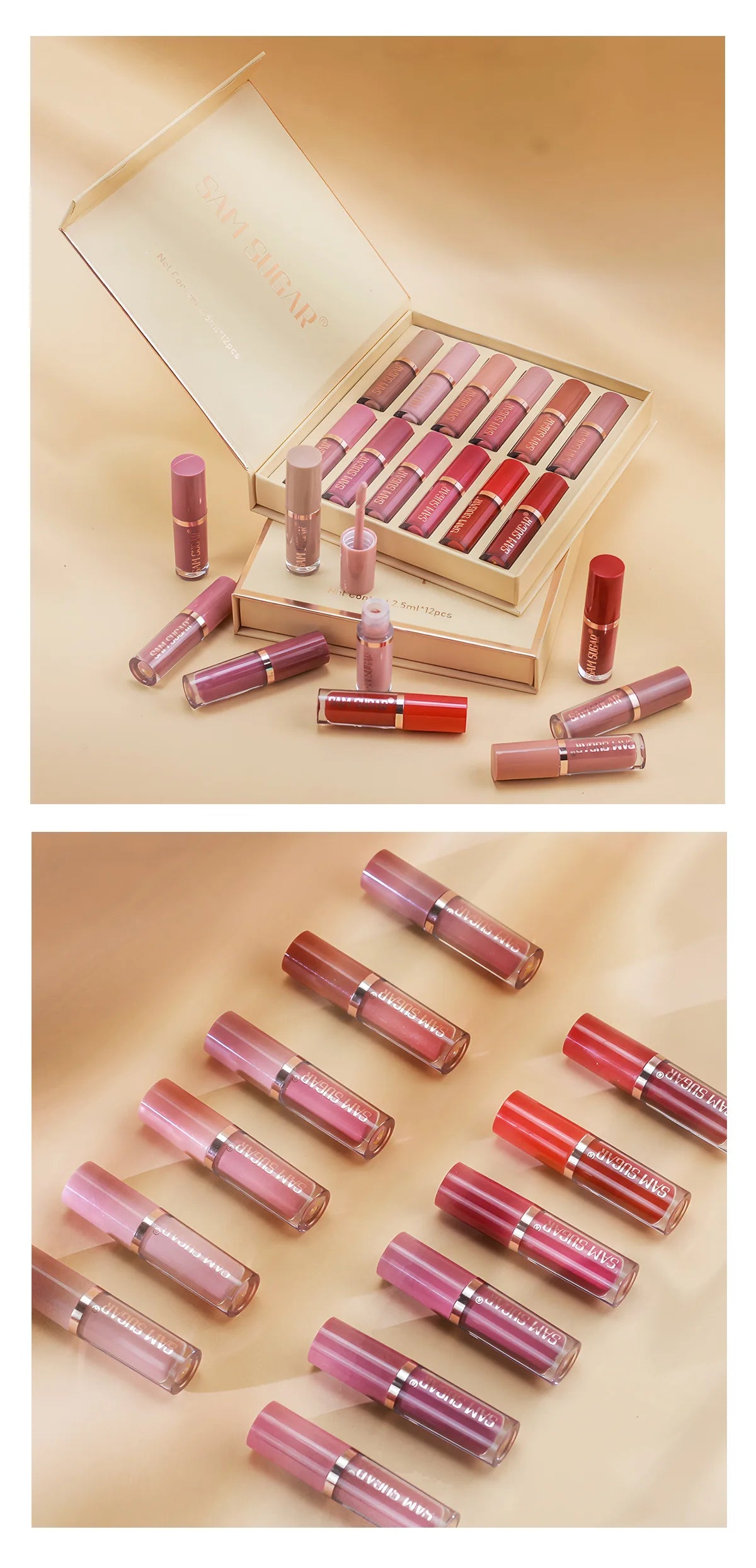 SAM SUGAR 12pcs/set muticolor Book Lip Gloss Set Matte Velvet Non-stick Cup longlasting waterproof easy color Lip gloss lipstick