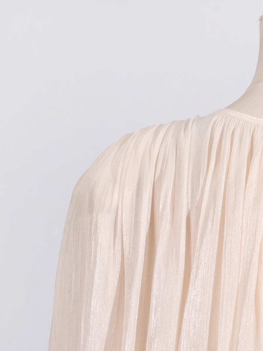 VGH Chic Spliced Lace Up Loose Sexy Short Dresses For Women Round Neck Long Sleeve Minimalist Ruffles Folds Dress Female Fashion