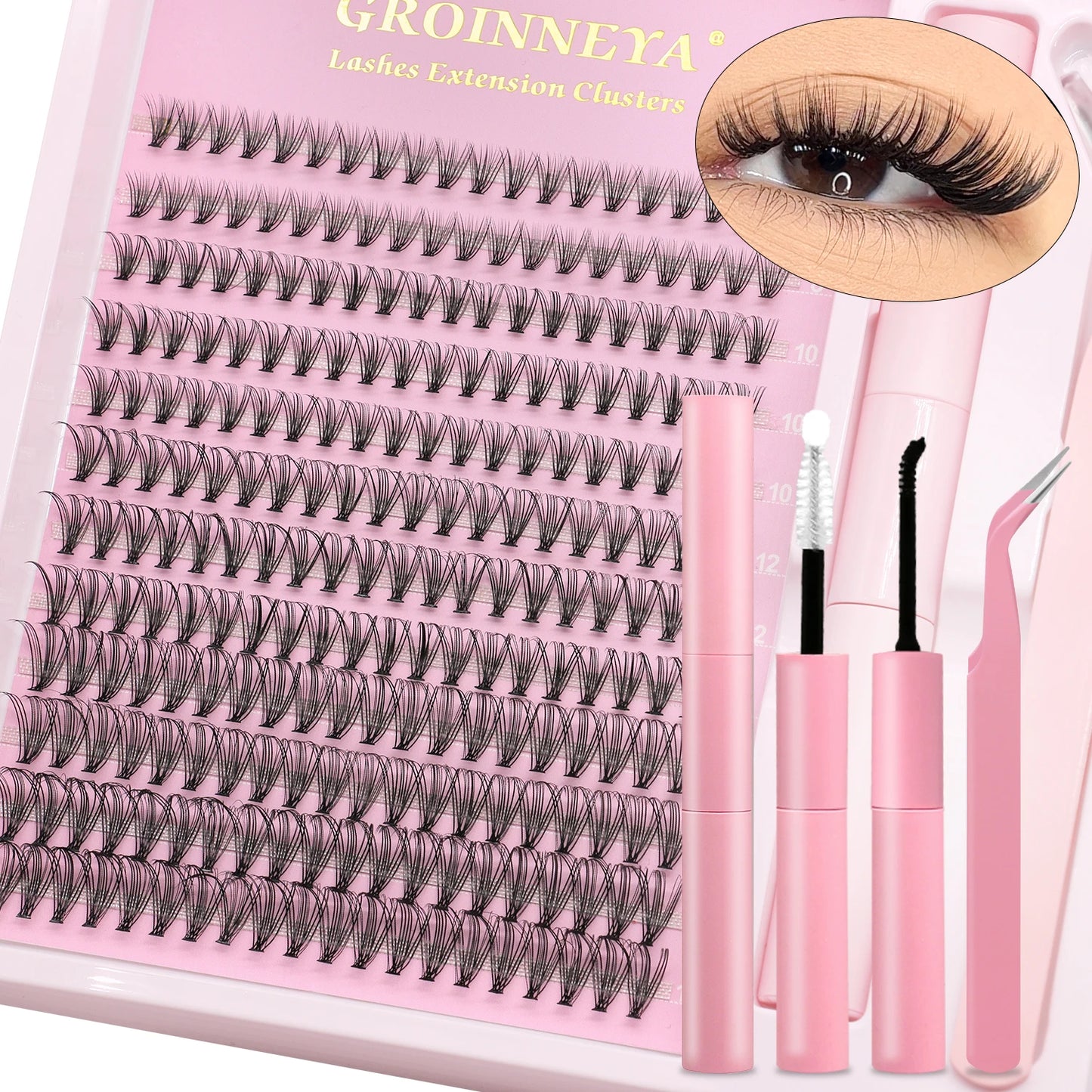 GROINNEYA DIY Lash Extension Kit Volume Lash Clusters Mix Curl Individual Lashes Kit with Lash Bond and Seal Lash Tweezers