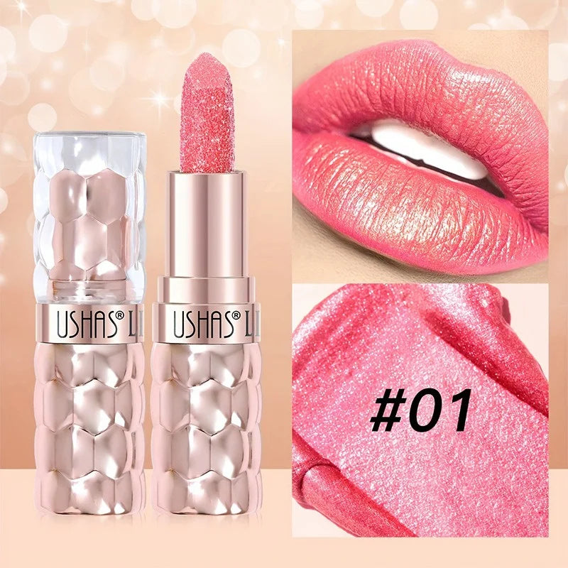 12 Colors Diamond Pearlescent Lipstick Glitter Shiny Metallic Lipstick Long Lasting Lip Tint Non-stick Cup Red Sexy Lips Makeup