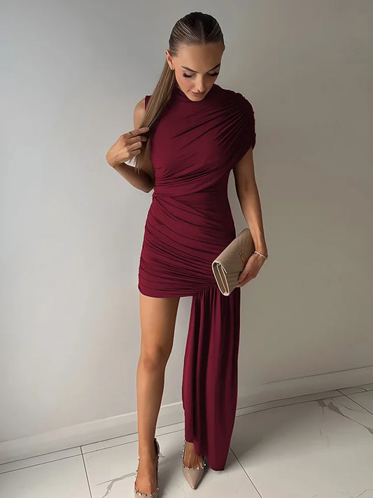 Irregular Pleated Ruched Ribbon Dress Women's Chic Red Sleeveless High Waist Mini Dresses 2025 Summer Lady Party Club Gowns New