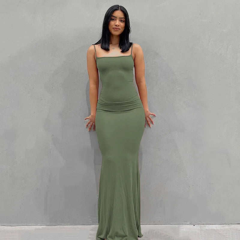 2025 Summer Dresses For Women Sexy Spaghetti Strap Black Long Dress Y2k Sleeveless Solid Skinny Bodycon Trumpet Maxi Vestidos