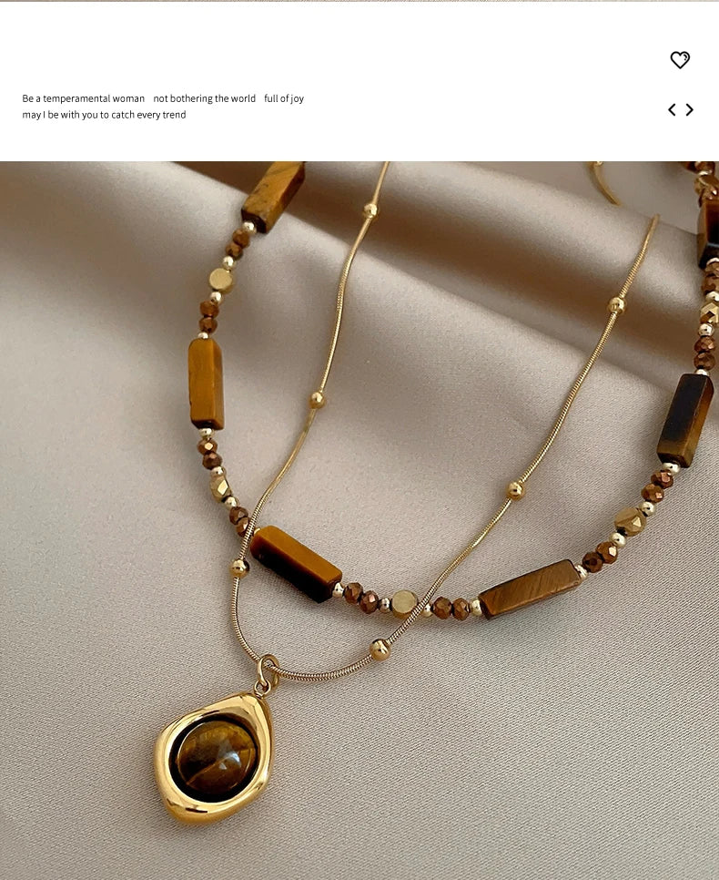 Retro Temperament Layered Tiger Eye Stone Pendant Necklace For Women Stainless steel Double-Layer Collarbone Chain Sets Jewelry