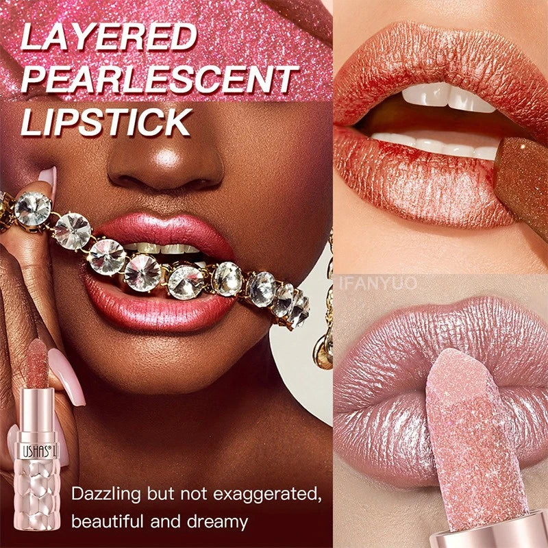 12 Colors Diamond Pearlescent Lipstick Glitter Shiny Metallic Lipstick Long Lasting Lip Tint Non-stick Cup Red Sexy Lips Makeup