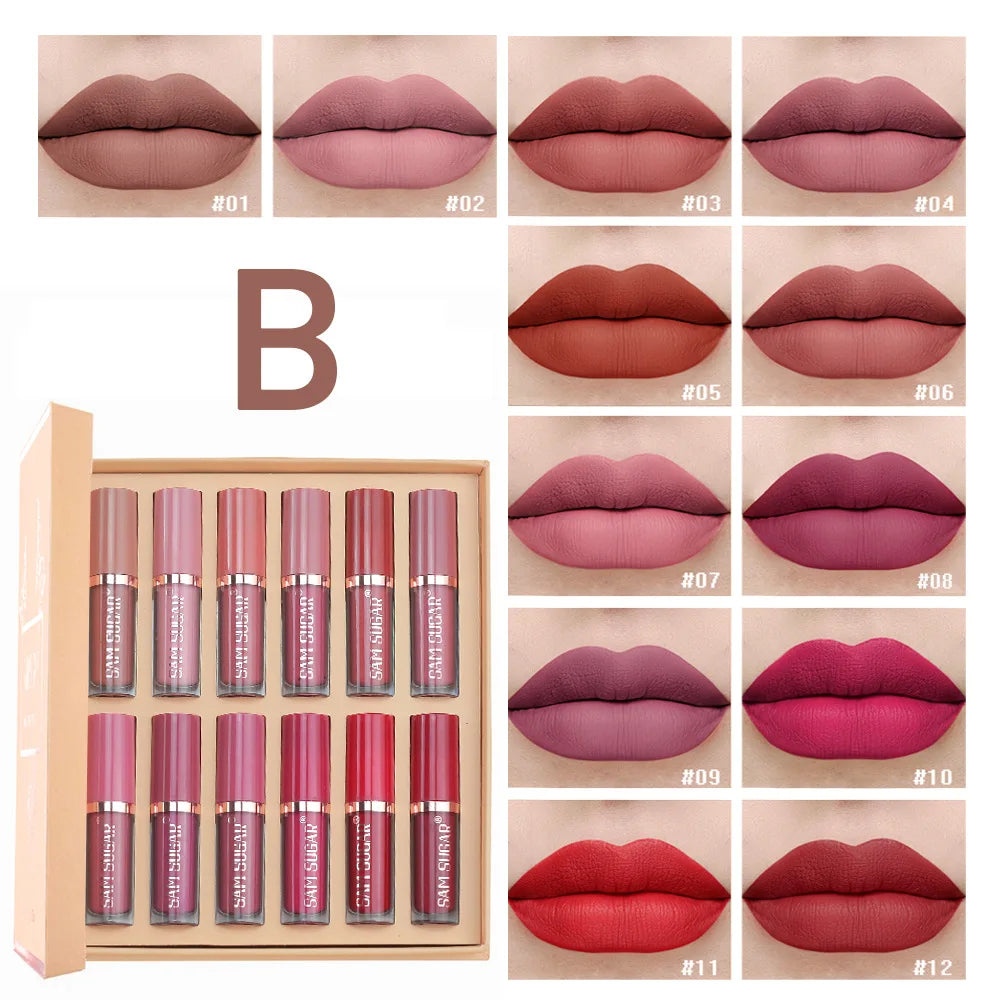 SAM SUGAR 12pcs/set muticolor Book Lip Gloss Set Matte Velvet Non-stick Cup longlasting waterproof easy color Lip gloss lipstick
