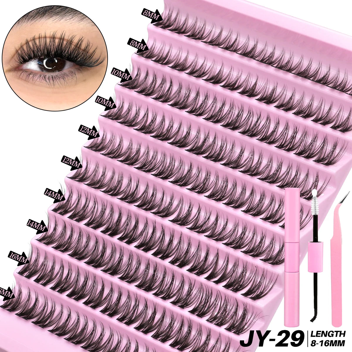 GROINNEYA DIY Lash Extension Kit Volume Lash Clusters Mix Curl Individual Lashes Kit with Lash Bond and Seal Lash Tweezers