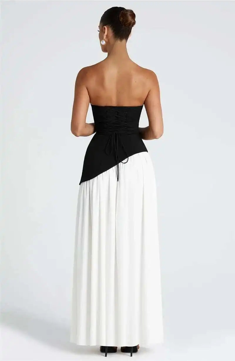 Mozision Strapless Off-shoulder Sexy Maxi Dress For Women Gown Patchwork Scarf Collar Thigh High Split Club Party Long Dress