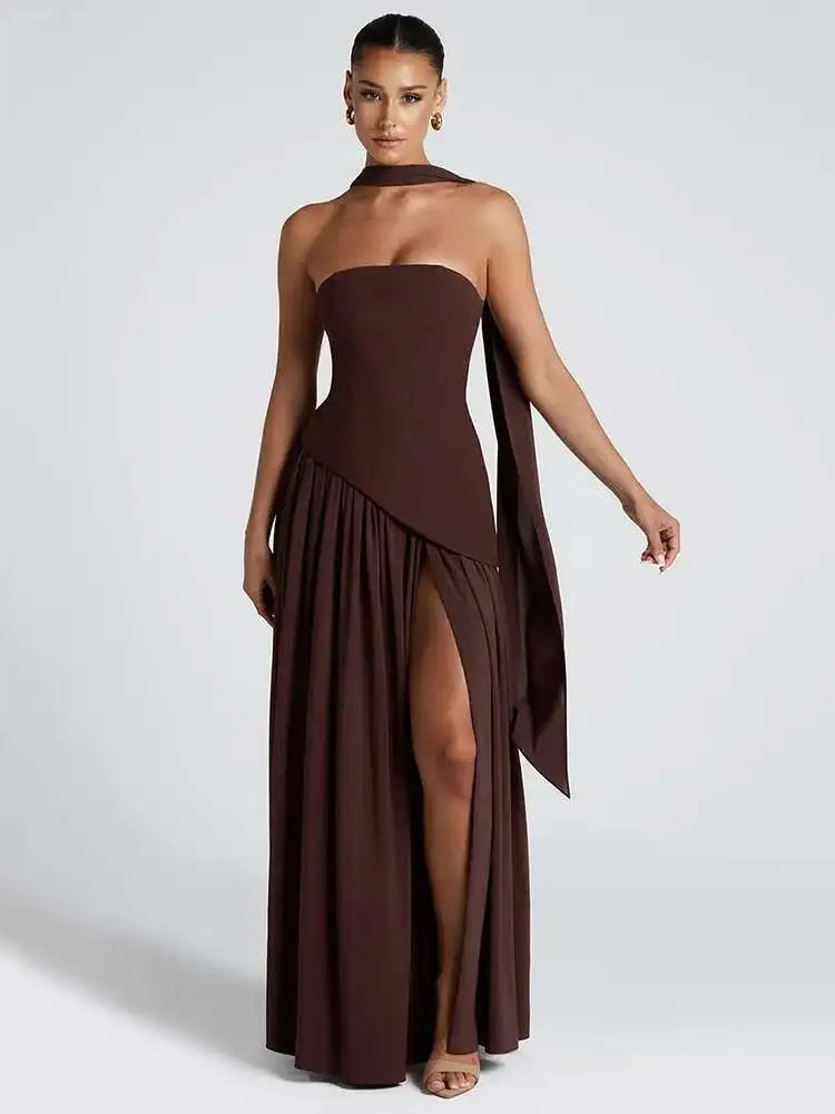 Mozision Strapless Off-shoulder Sexy Maxi Dress For Women Gown Patchwork Scarf Collar Thigh High Split Club Party Long Dress
