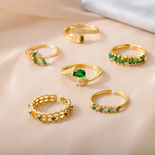 Zircon Green Geometric Ring For Women Stainless Steel Adjustable Opening Couple Ring Female Wedding Aesthetic Jewelry Gift 2023