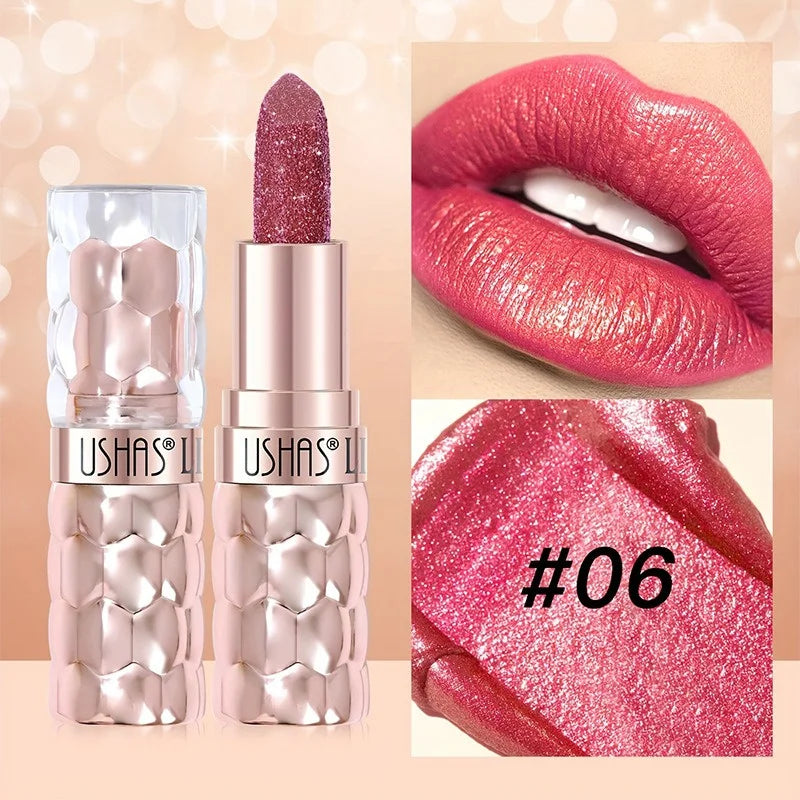 12 Colors Diamond Pearlescent Lipstick Glitter Shiny Metallic Lipstick Long Lasting Lip Tint Non-stick Cup Red Sexy Lips Makeup