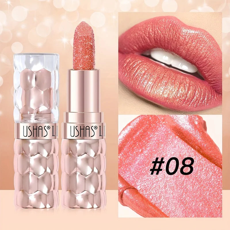 12 Colors Diamond Pearlescent Lipstick Glitter Shiny Metallic Lipstick Long Lasting Lip Tint Non-stick Cup Red Sexy Lips Makeup