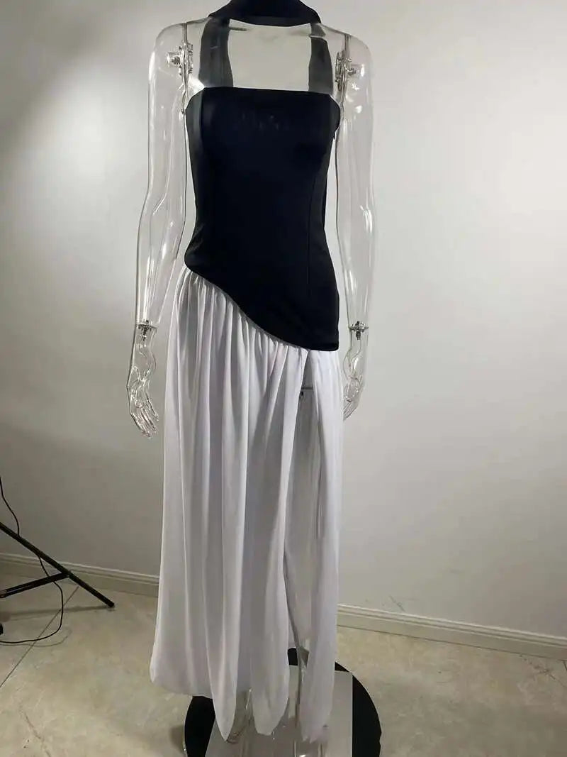 Mozision Strapless Off-shoulder Sexy Maxi Dress For Women Gown Patchwork Scarf Collar Thigh High Split Club Party Long Dress
