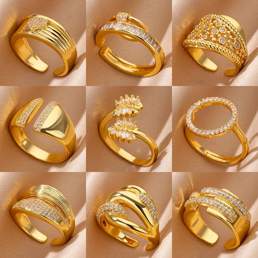 Zircon Geometric Rings For Women Luxury Stainless Steel Gold Color Open Ring Trendy Wedding Party Aesthetic Jewerly Gift Femme