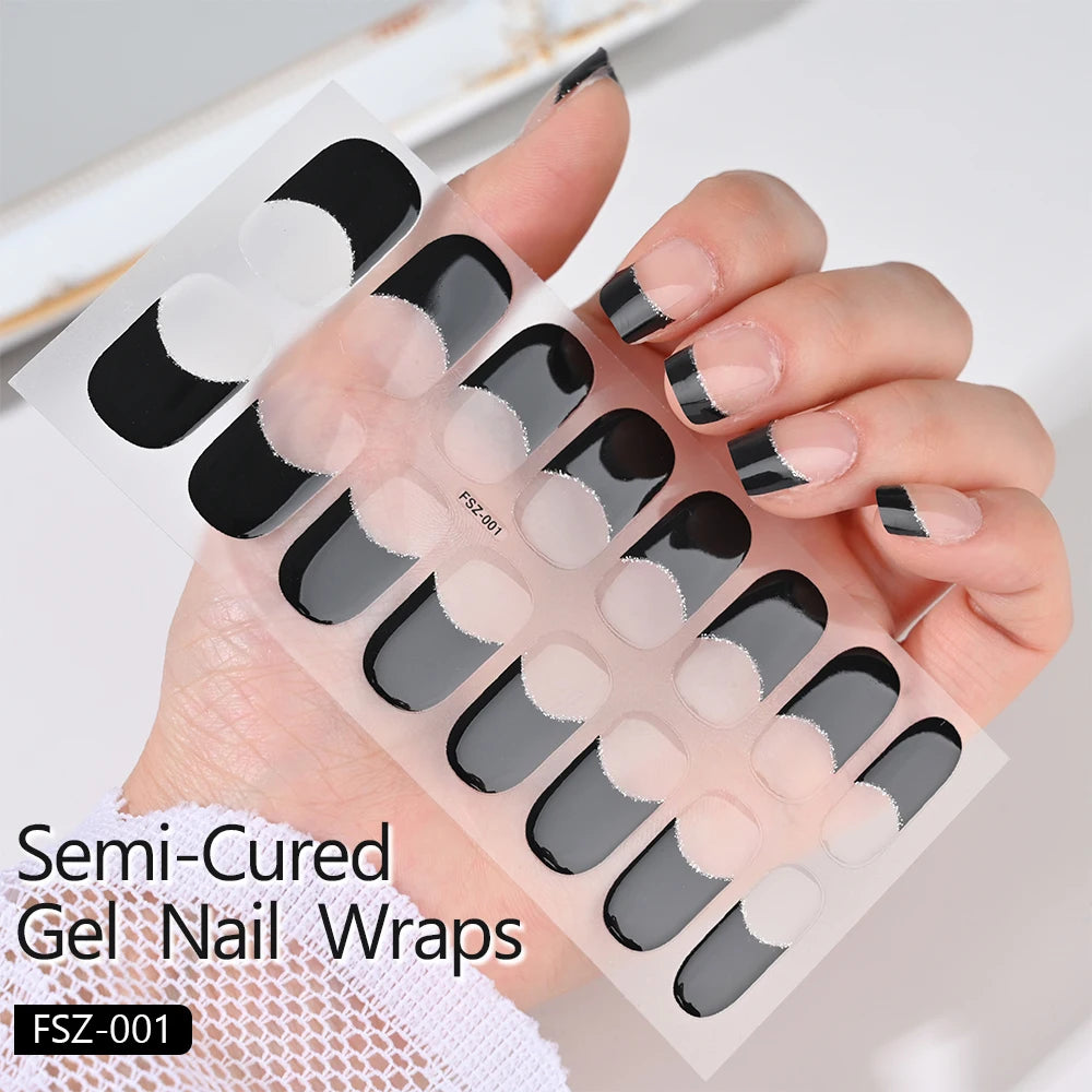 UV Semi-Cured Gel Nail Wraps Stickers Strips French Long Lasting Full Cover LED Gel Semi Cured Nail Sliders For Nail Extension &