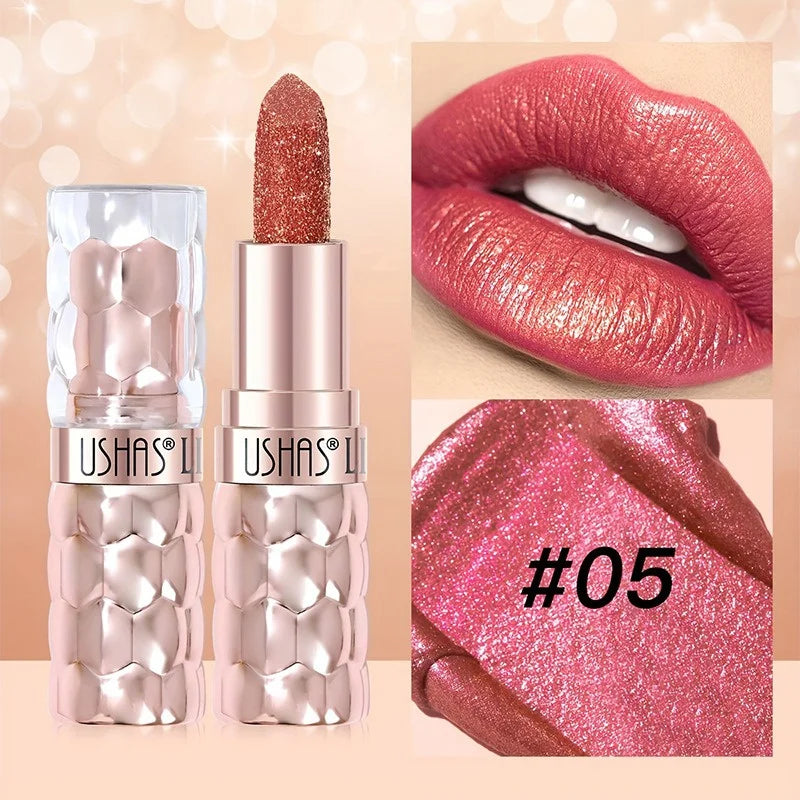 12 Colors Diamond Pearlescent Lipstick Glitter Shiny Metallic Lipstick Long Lasting Lip Tint Non-stick Cup Red Sexy Lips Makeup