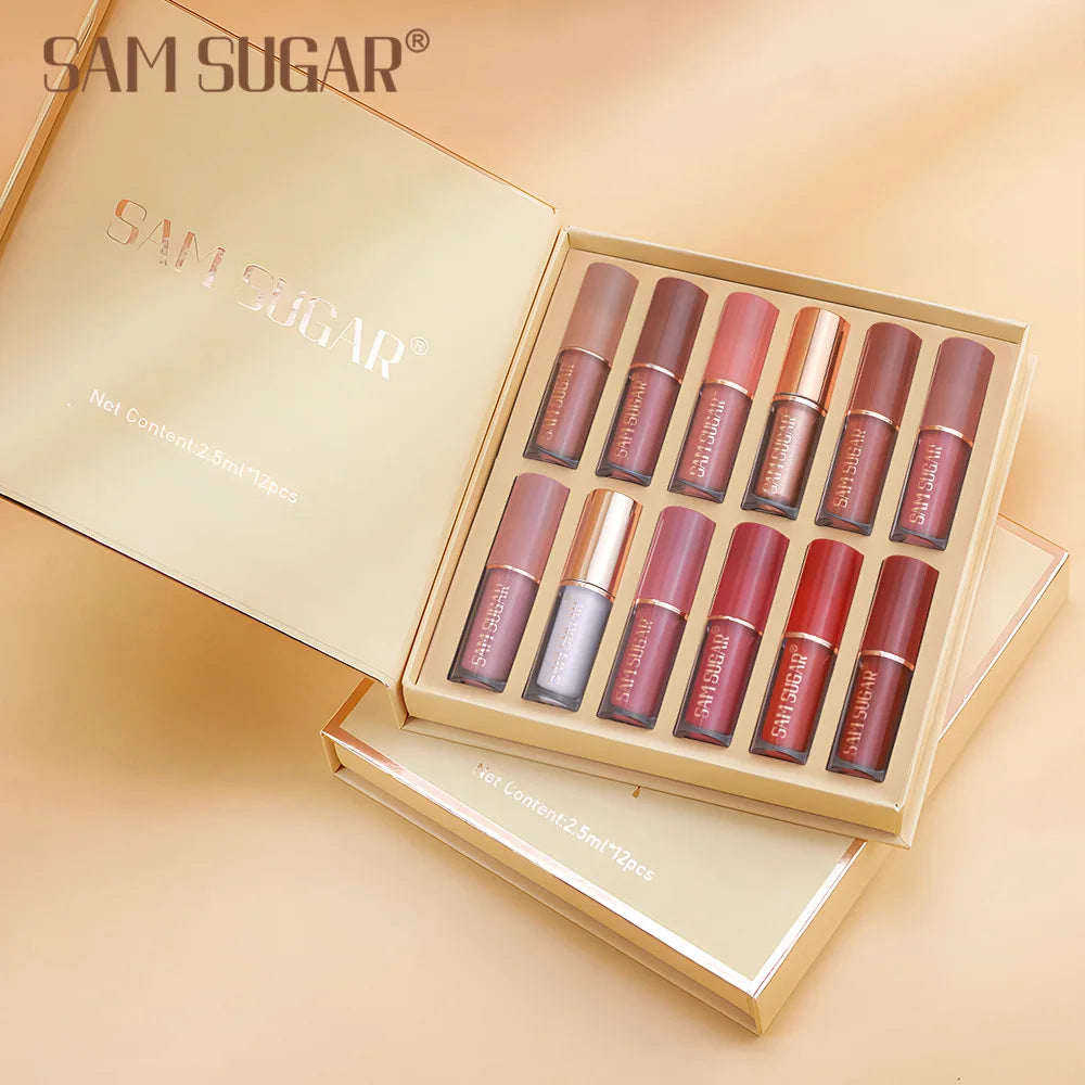 SAM SUGAR 12pcs/set muticolor Book Lip Gloss Set Matte Velvet Non-stick Cup longlasting waterproof easy color Lip gloss lipstick