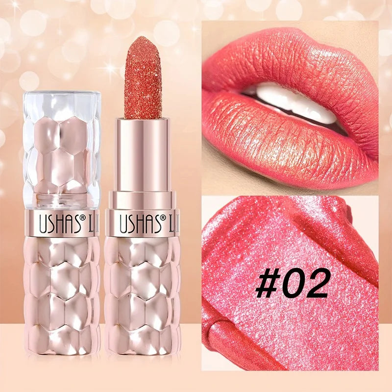 12 Colors Diamond Pearlescent Lipstick Glitter Shiny Metallic Lipstick Long Lasting Lip Tint Non-stick Cup Red Sexy Lips Makeup