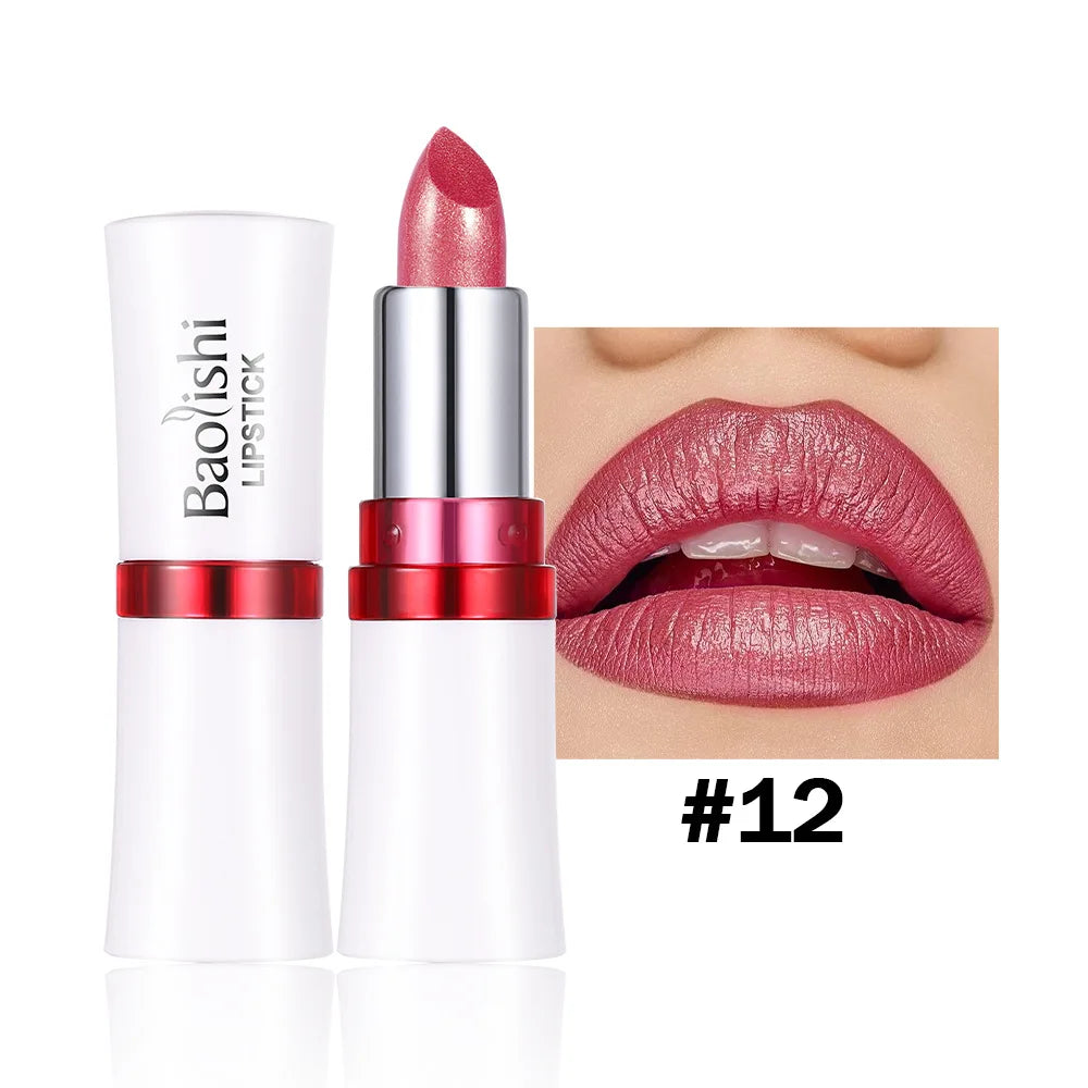 Rose Metallic Lipstick Glitter Lip Glaze Waterproof Long Lasting Moisturize Bright Red Pearlescent Shiny Lipgloss Makeup 12color