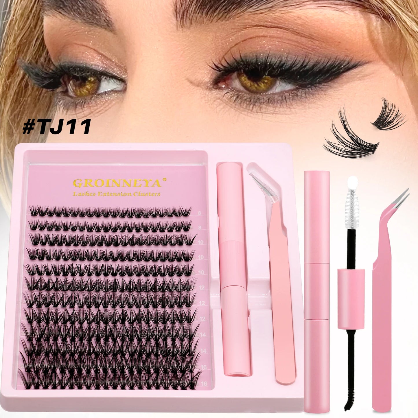 GROINNEYA DIY Lash Extension Kit Volume Lash Clusters Mix Curl Individual Lashes Kit with Lash Bond and Seal Lash Tweezers