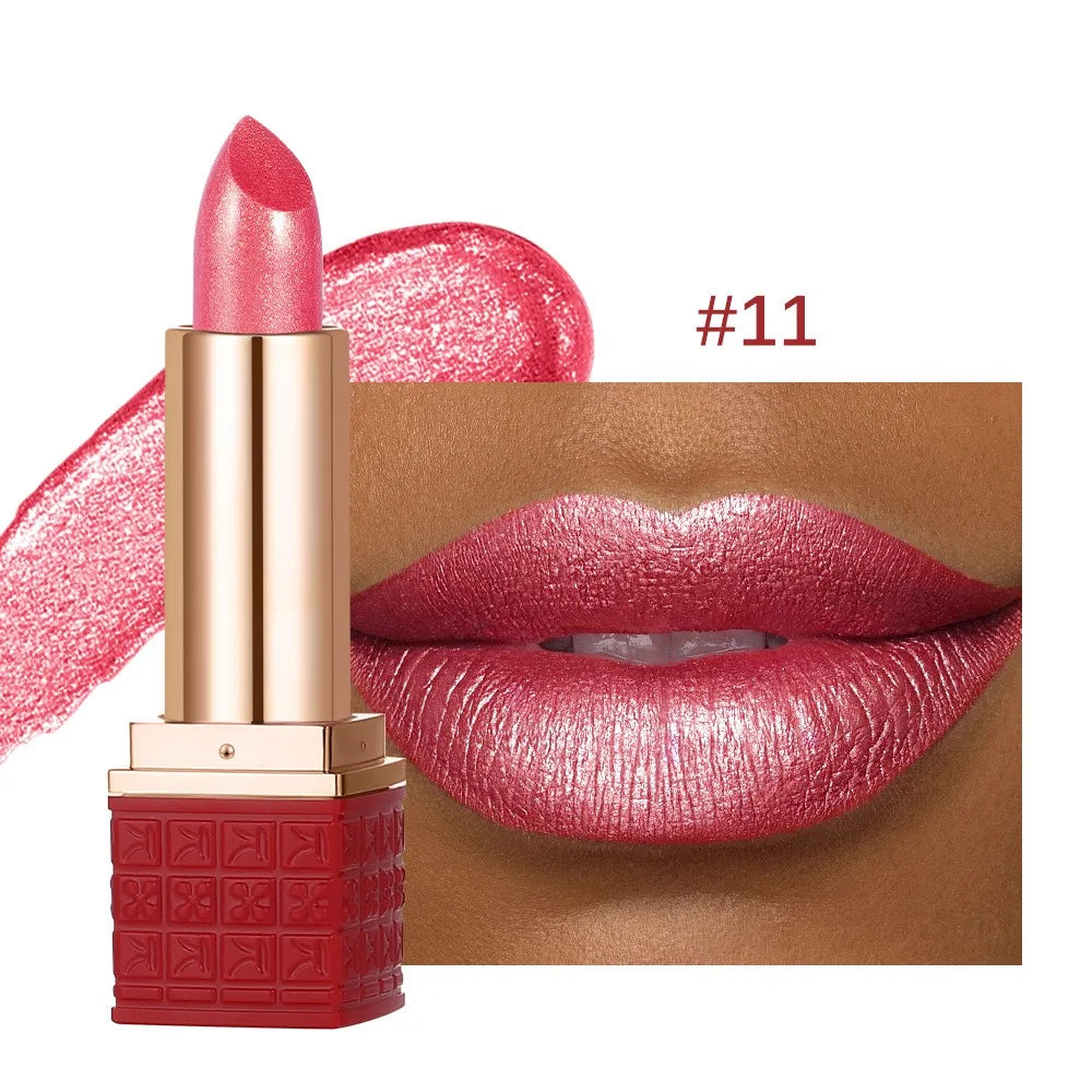 Rose Metallic Lipstick Glitter Lip Glaze Waterproof Long Lasting Moisturize Bright Red Pearlescent Shiny Lipgloss Makeup 12color