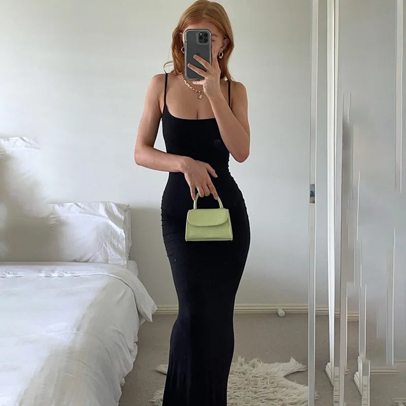 2025 Summer Dresses For Women Sexy Spaghetti Strap Black Long Dress Y2k Sleeveless Solid Skinny Bodycon Trumpet Maxi Vestidos