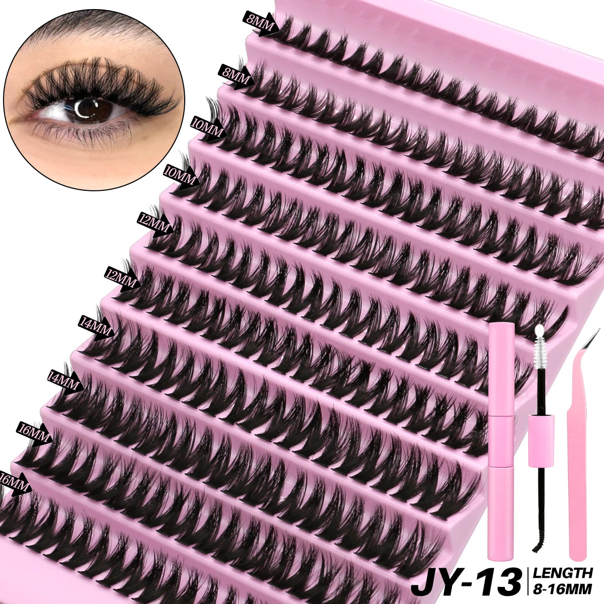 GROINNEYA DIY Lash Extension Kit Volume Lash Clusters Mix Curl Individual Lashes Kit with Lash Bond and Seal Lash Tweezers
