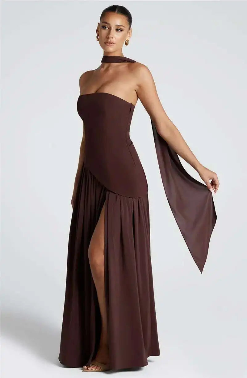 Mozision Strapless Off-shoulder Sexy Maxi Dress For Women Gown Patchwork Scarf Collar Thigh High Split Club Party Long Dress