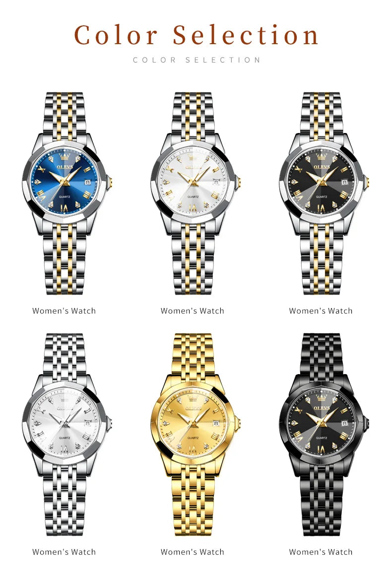 OLEVS Top Brand Women's Watches Elegant Rhombus Mirror Original Quartz Ladies Wristwatch Stainless Waterproof Diamond Wristwatch