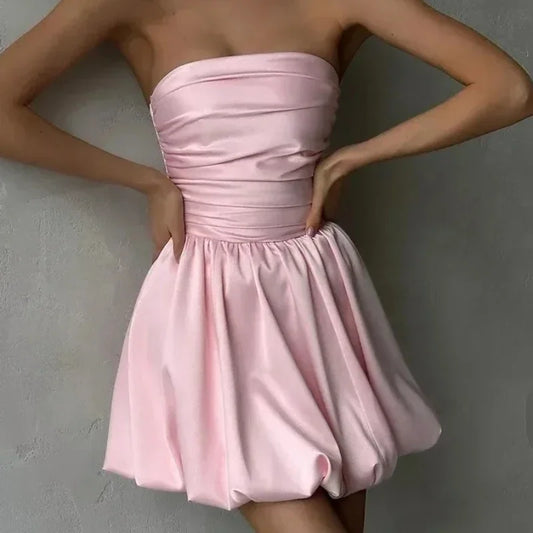 Trendix Sexy Bandeau Mini Dress Women Off Shoulder Sleeveless Pleated High Waist Dresses Ladies Party Elegant Fashion Dress
