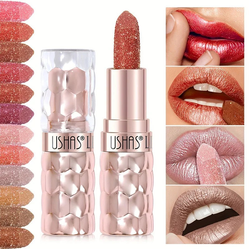 12 Colors Diamond Pearlescent Lipstick Glitter Shiny Metallic Lipstick Long Lasting Lip Tint Non-stick Cup Red Sexy Lips Makeup