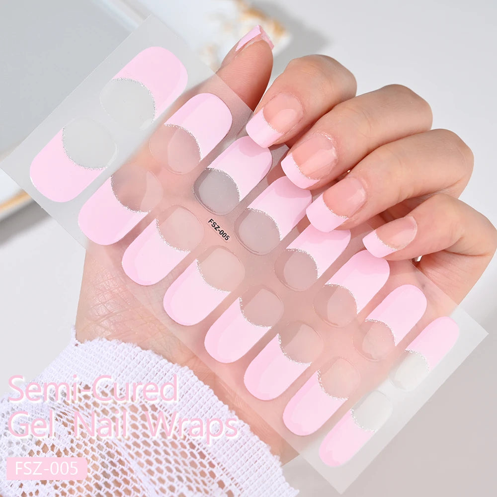 UV Semi-Cured Gel Nail Wraps Stickers Strips French Long Lasting Full Cover LED Gel Semi Cured Nail Sliders For Nail Extension &