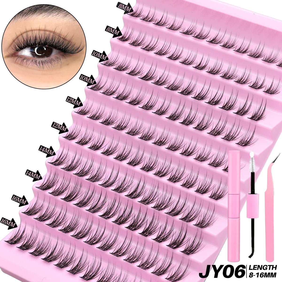 GROINNEYA DIY Lash Extension Kit Volume Lash Clusters Mix Curl Individual Lashes Kit with Lash Bond and Seal Lash Tweezers