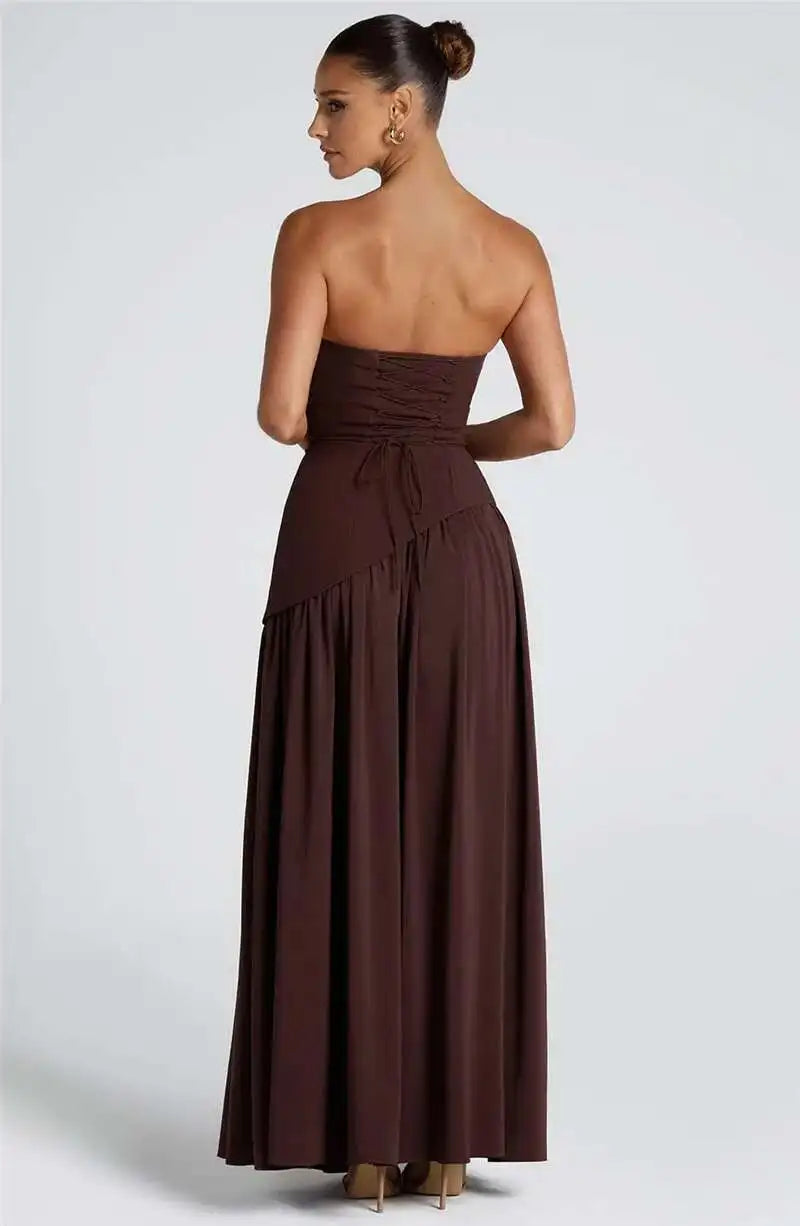 Mozision Strapless Off-shoulder Sexy Maxi Dress For Women Gown Patchwork Scarf Collar Thigh High Split Club Party Long Dress
