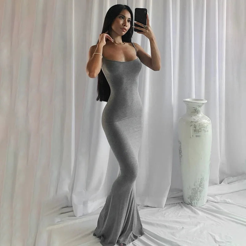 2025 Summer Dresses For Women Sexy Spaghetti Strap Black Long Dress Y2k Sleeveless Solid Skinny Bodycon Trumpet Maxi Vestidos