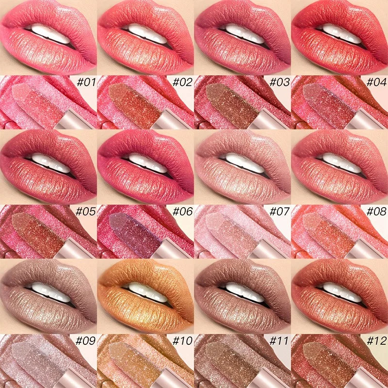 12 Colors Diamond Pearlescent Lipstick Glitter Shiny Metallic Lipstick Long Lasting Lip Tint Non-stick Cup Red Sexy Lips Makeup