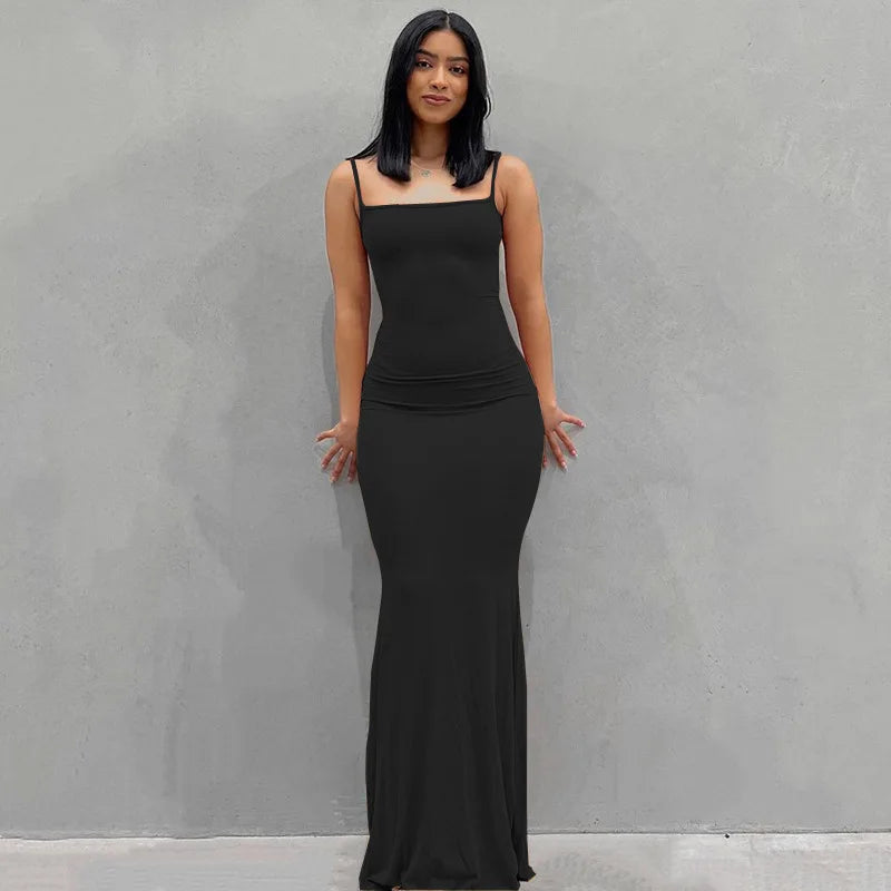 2025 Summer Dresses For Women Sexy Spaghetti Strap Black Long Dress Y2k Sleeveless Solid Skinny Bodycon Trumpet Maxi Vestidos